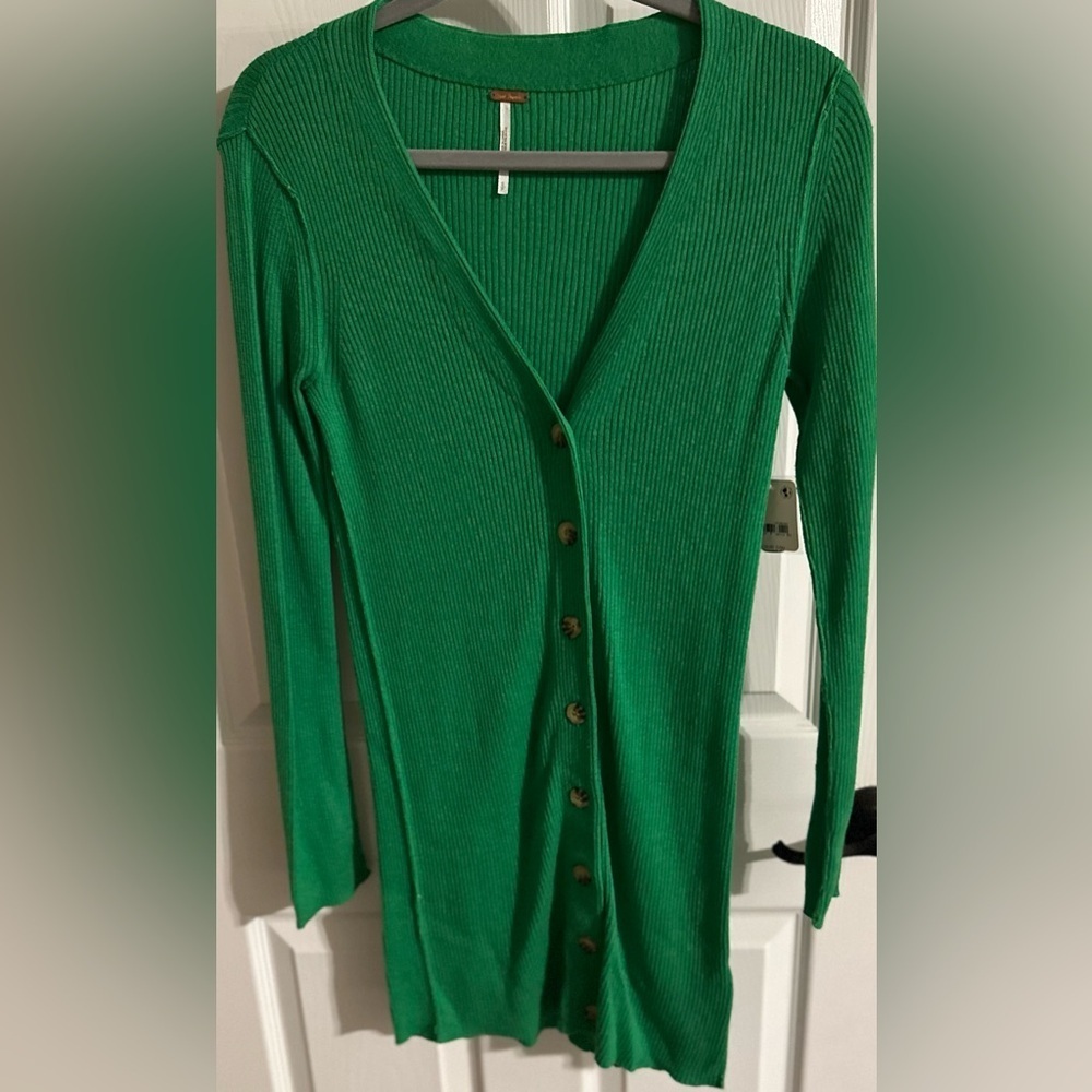 Free People Ribbed Long Cardigan NWT Rare Luxe Layering Green Button Front S